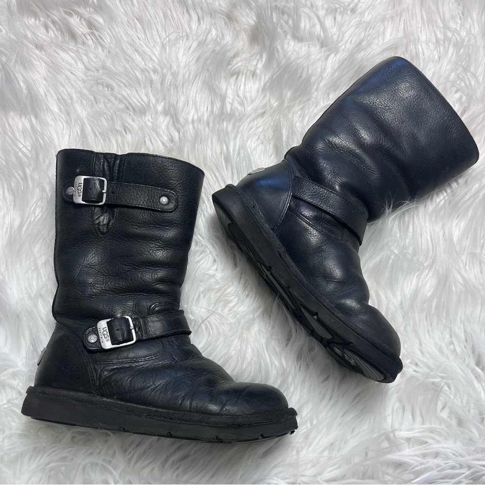 UGG Tall Black Leather Winter Boots with Cream Shearling Interior